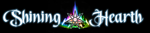 The words Shining Hearth in a calligraphic font. Between the two words there is a hearthfire with rainbow-colored flames and a seven-pointed star.